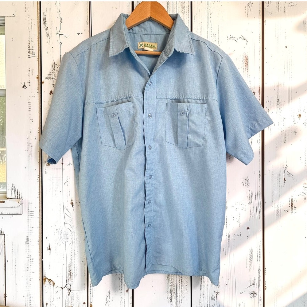 Vintage Short Sleeve Button Down Haband L Workwear Blue Pleated Pockets Utility
